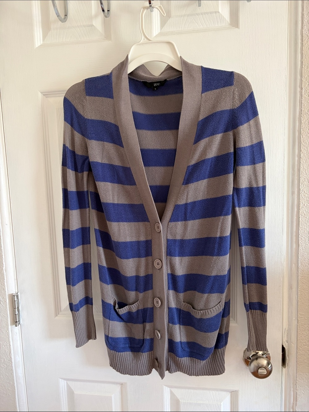 zinc Blue and Gray Striped Button Cardigan
